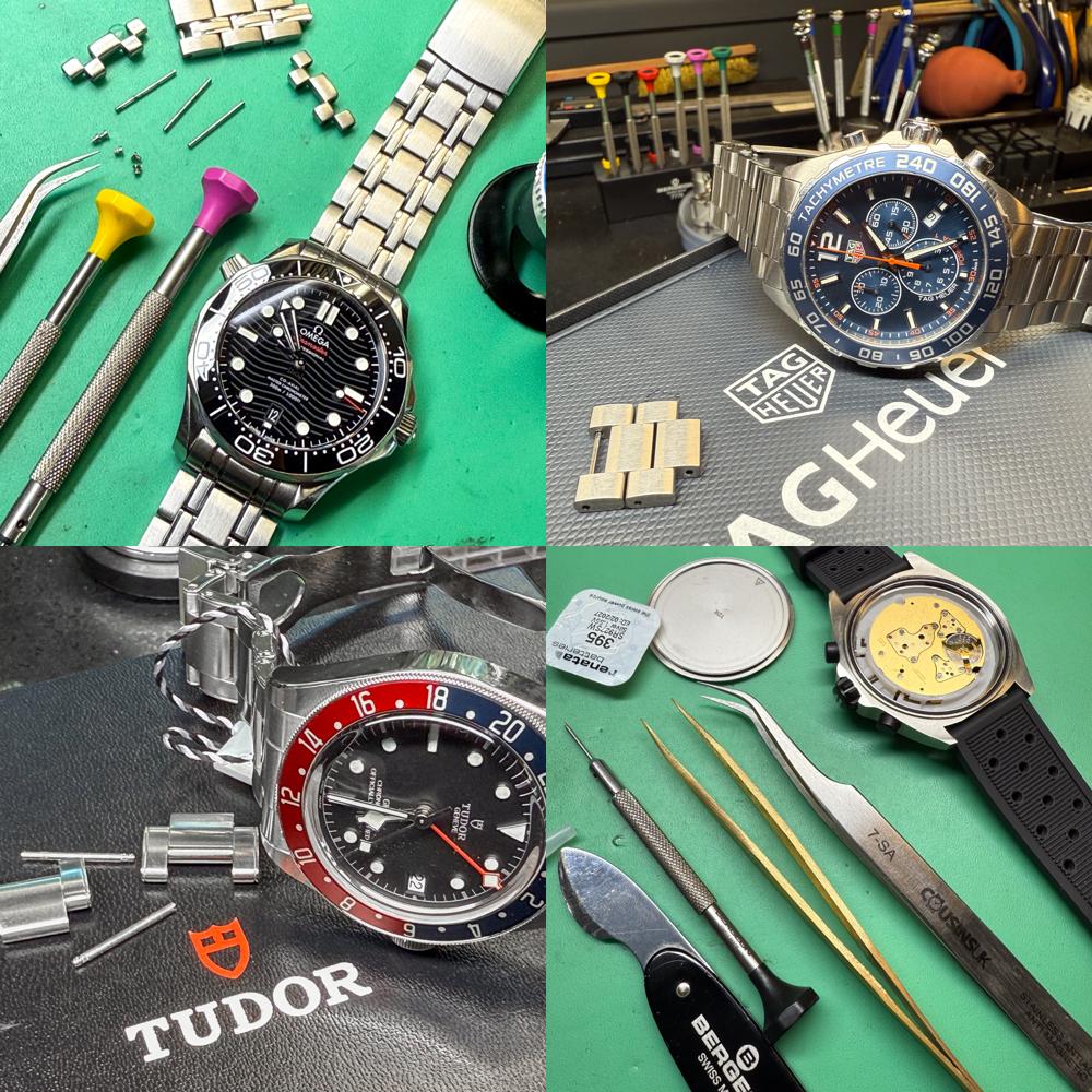 Collage of various watches and watch-making tools with brands like Tudor and Tag Heuer.