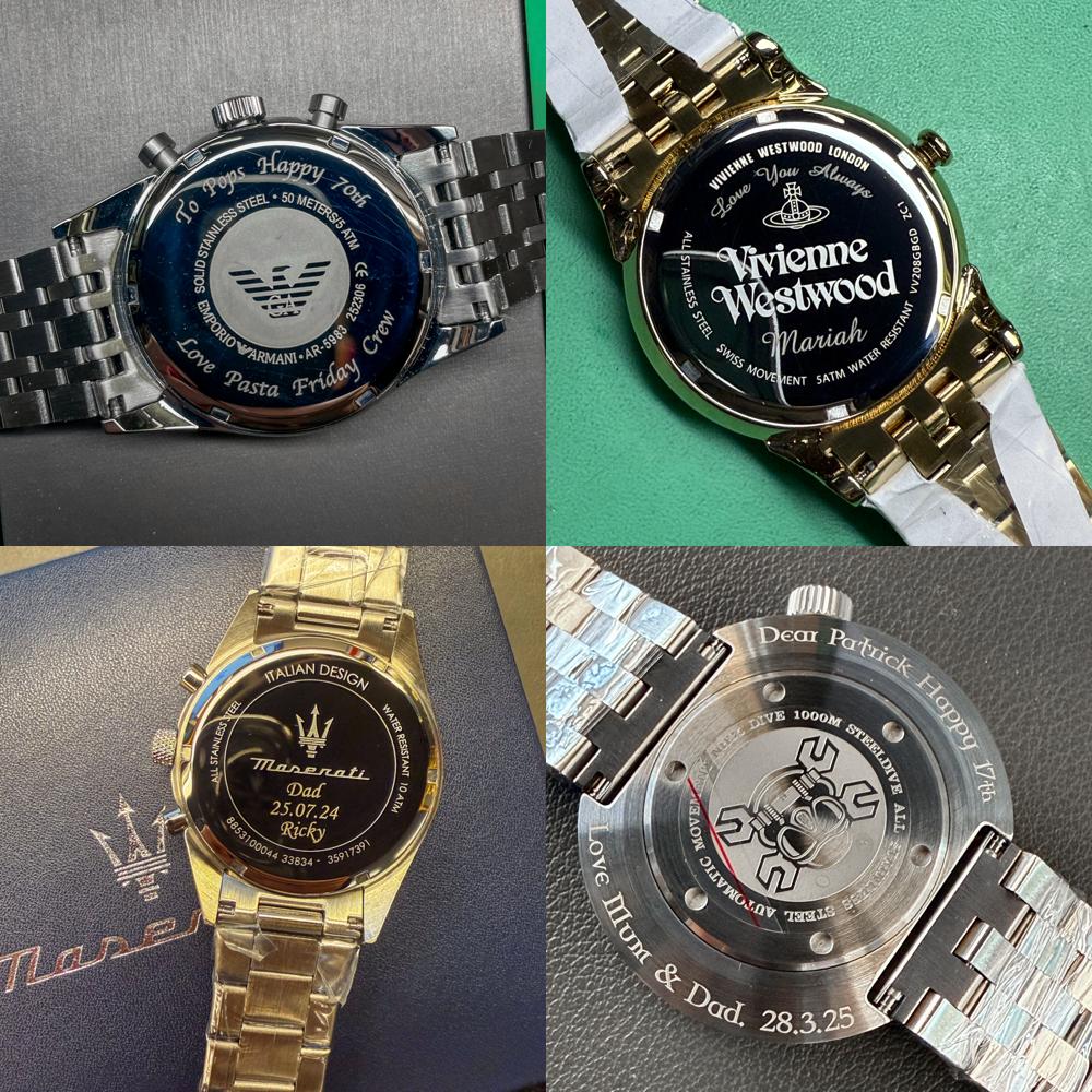 Collage of four watches with engraved text on a green and gray background
